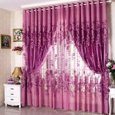 Peony Pattern Voile Curtain Window Curtains Purple